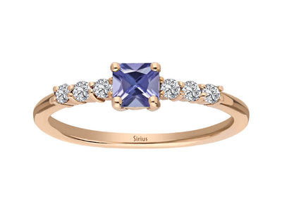 Elegant 14K rose gold ring with 6 round diamonds and 1 princess cut tanzanite – 1.99 carat