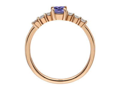 Elegant 14K rose gold ring with 6 round diamonds and 1 princess cut tanzanite – 1.99 carat