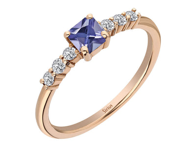 Elegant 14K rose gold ring with 6 round diamonds and 1 princess cut tanzanite – 1.99 carat