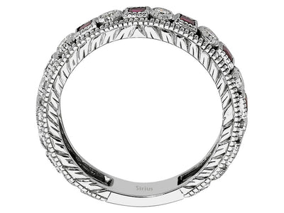 Eleganter Tamtur-Ring mit 10 laborgezüchteten Runddiamanten und 11 Prinzessschliff-Rubinen in 14 Karat Weißgold