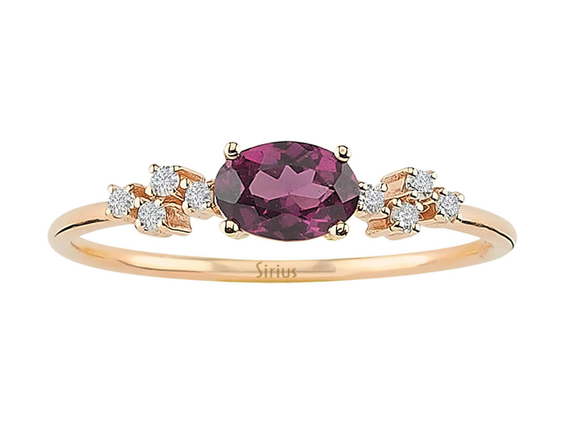 Élégante bague en Or Rose avec rhodolite ovale et diamants pavés en or 14 carats – Bijoux haut de gamme de Rosy Lab Diamonds