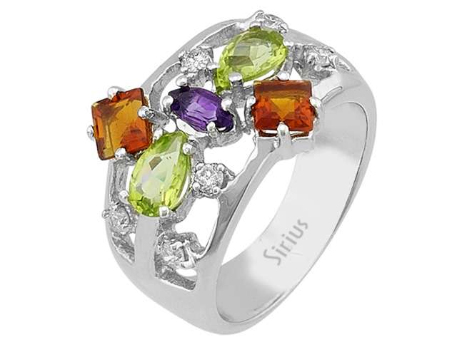 Weißgoldring mit 5 farbigen Edelsteinen (verschiedene Formen), 1,57 Karat und 6 rund geschliffenen laborgezüchteten Diamanten, 0,19 Karat, 14 Karat Gold