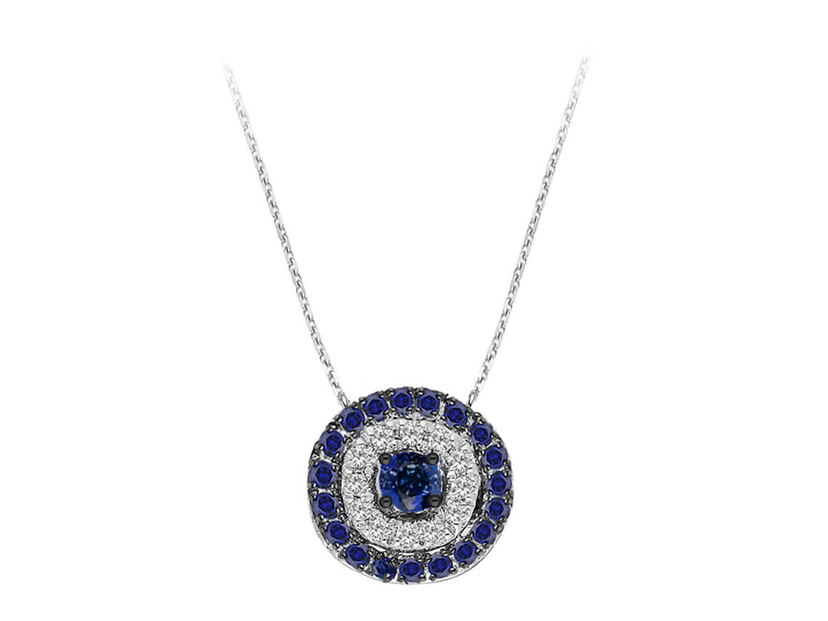 Pendentif « Mira » avec diamants synthétiques et saphirs en or blanc 14 carats