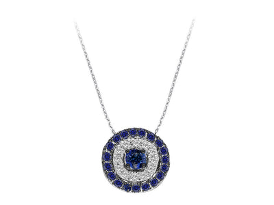 Pendentif « Mira » avec diamants synthétiques et saphirs en or blanc 14 carats