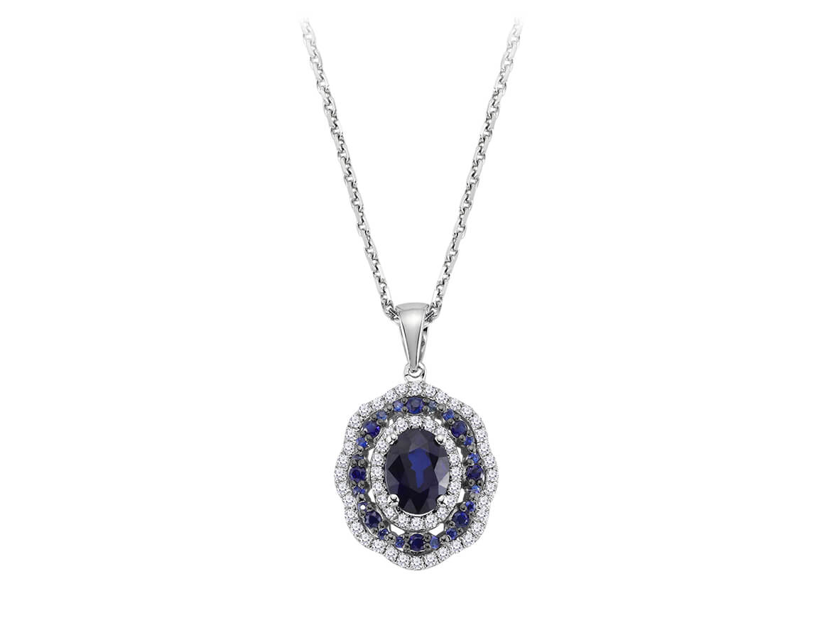 Oval pendant with sapphire and 56 lab diamonds in floral design