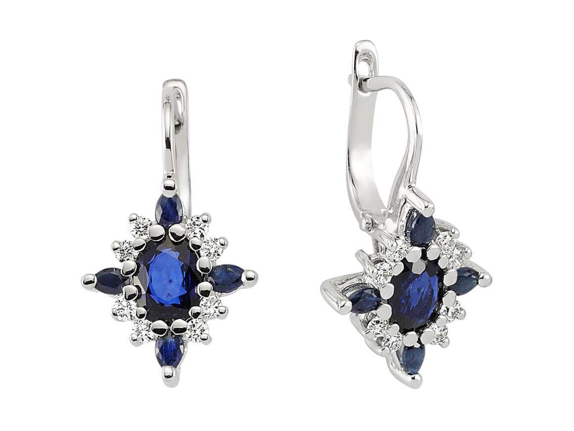 Drop Earrings with Sapphires and 16 Lab-Grown Diamonds in 8K White Gold – High-Quality Jewelry from Rosy Lab Diamonds