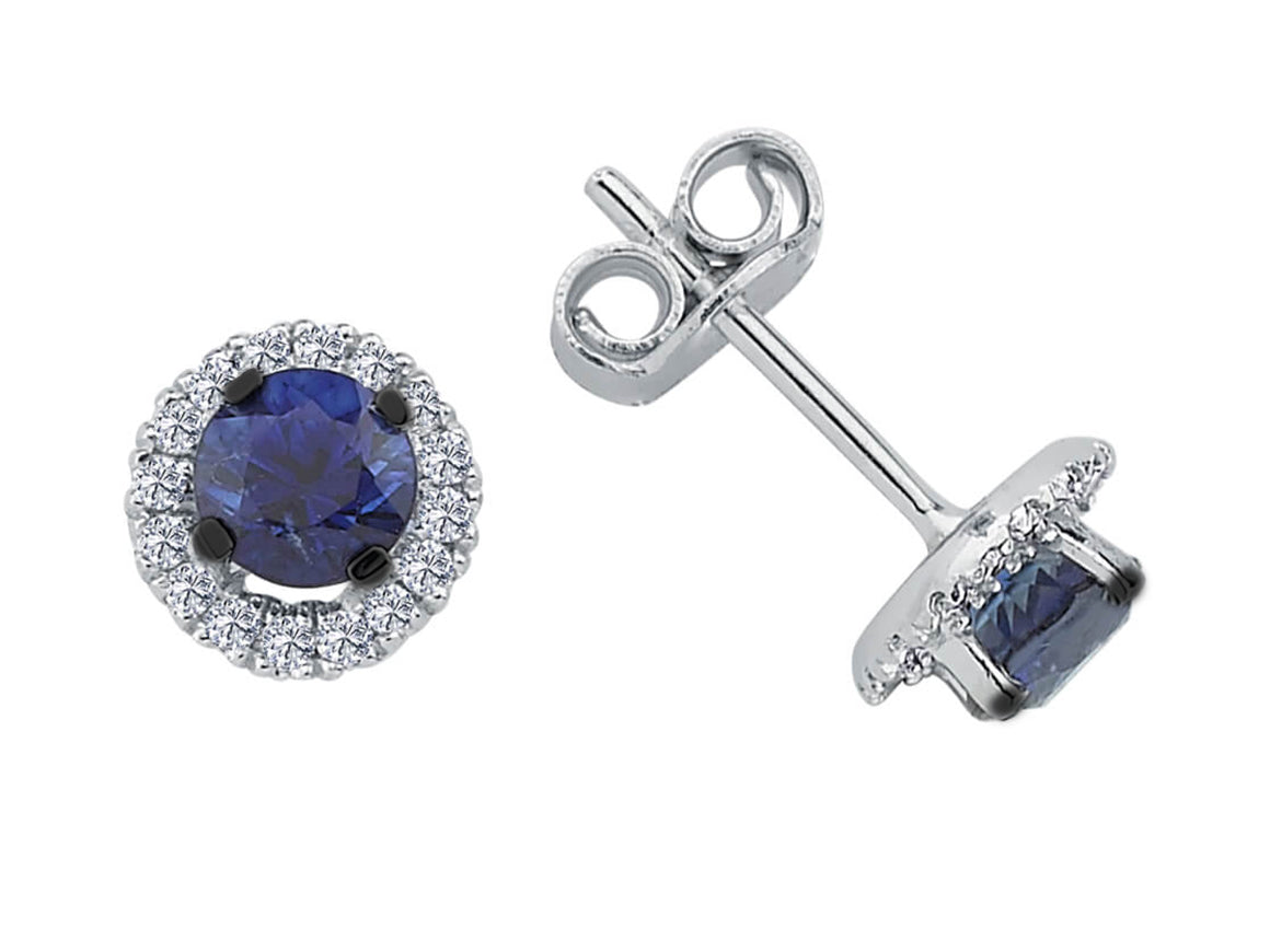 Élégantes clous d'oreilles Halo avec saphir et diamants en or blanc
