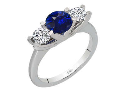 Elegant 3-stone ring with sapphire and diamonds, 14K white gold