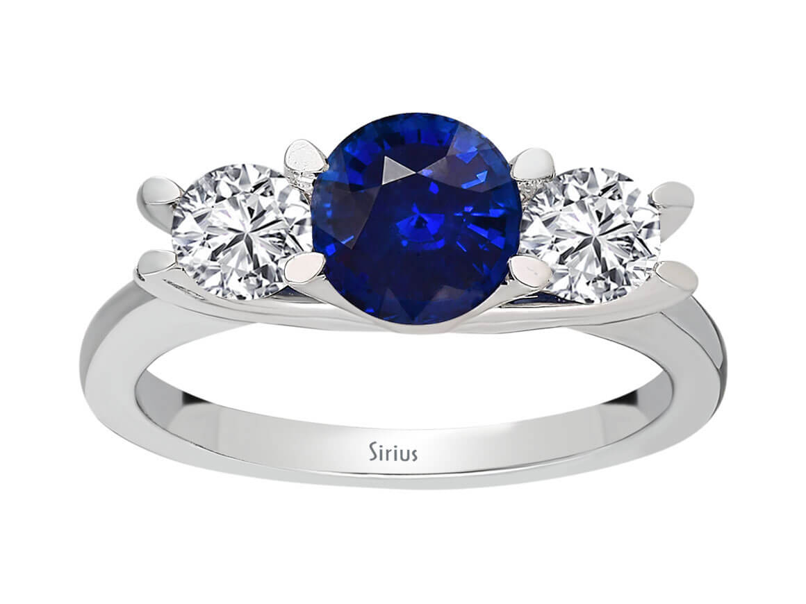 Elegant 3-stone ring with sapphire and diamonds, 14K white gold