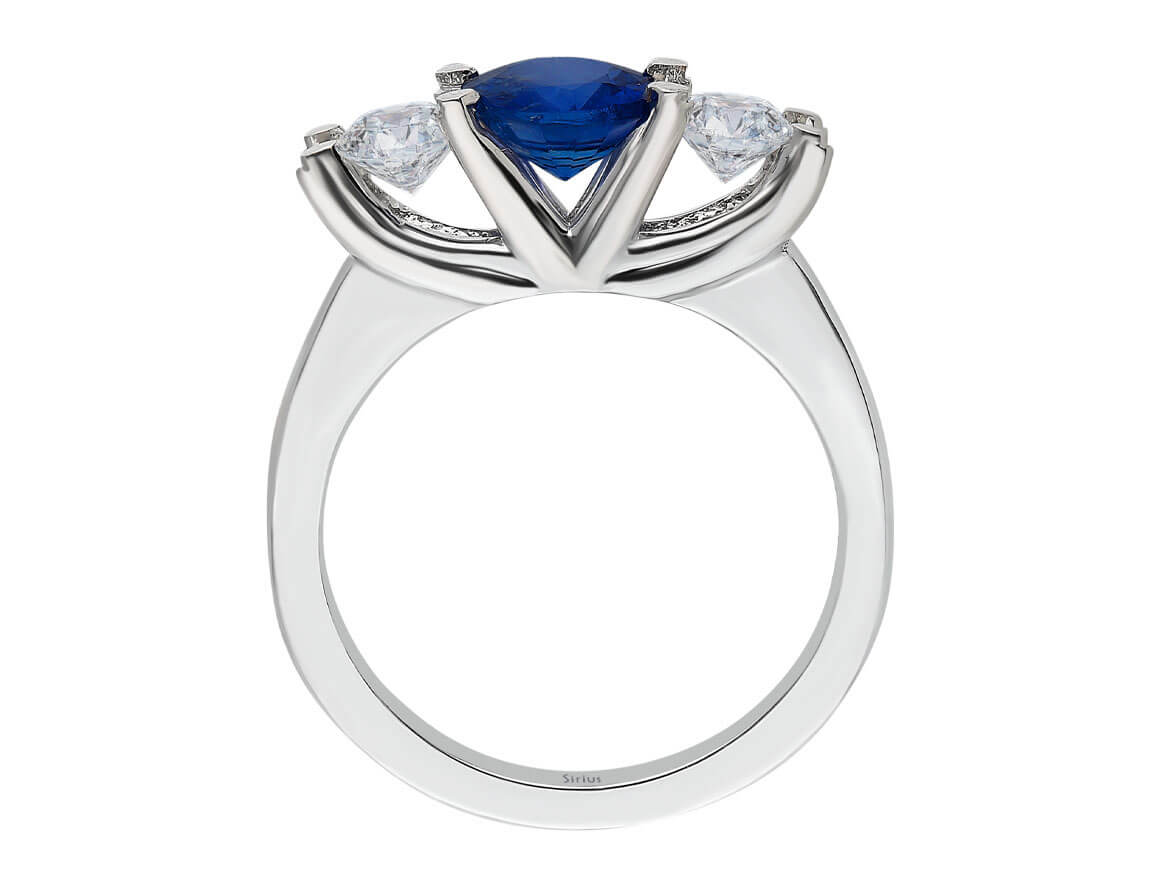Elegant 3-stone ring with sapphire and diamonds, 14K white gold