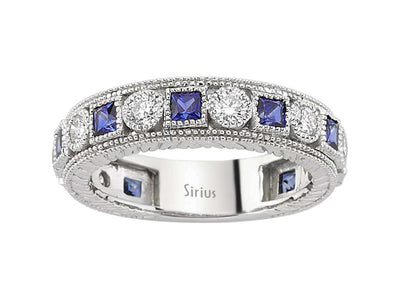 Weißgold Tamturring mit 8 rund geschliffenen Diamanten – 0,56 ct & 9 prinzessschnitt Saphiren – 0,89 ct – 14K