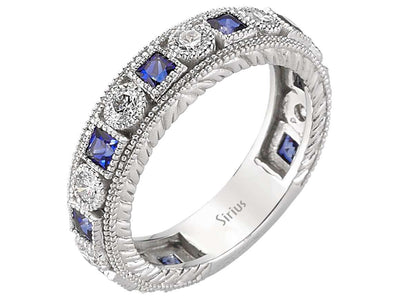Weißgold Tamturring mit 8 rund geschliffenen Diamanten – 0,56 ct & 9 prinzessschnitt Saphiren – 0,89 ct – 14K