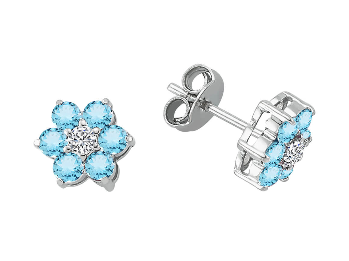 Boucles d’oreilles à tige en forme de fleur avec diamants de laboratoire et topazes bleu ciel en Or Blanc 333 millièmes – Bijoux haut de gamme de Rosy Lab Diamonds