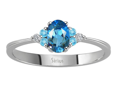 Elegant 8 Carat White Gold Ring with 2 Round Diamonds, 1 Oval London Blue Topaz and 4 Round Blue Topazes