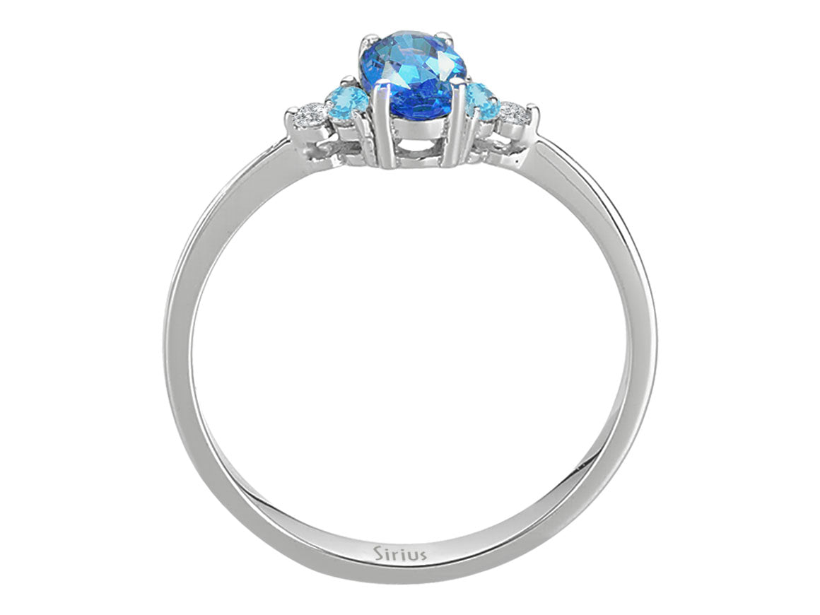 Elegant 8 Carat White Gold Ring with 2 Round Diamonds, 1 Oval London Blue Topaz and 4 Round Blue Topazes