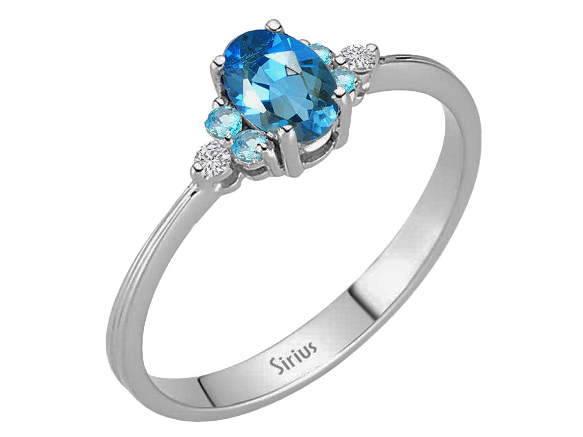 Elegant 8 Carat White Gold Ring with 2 Round Diamonds, 1 Oval London Blue Topaz and 4 Round Blue Topazes