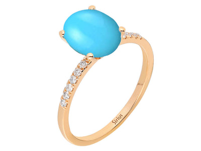 Elegant ring with oval turquoise and diamonds made of 14K rose gold