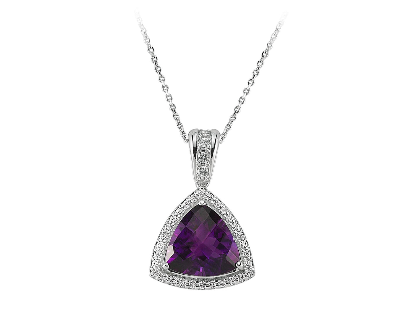 Triangular Amethyst Pendant with Diamonds – 14K White Gold