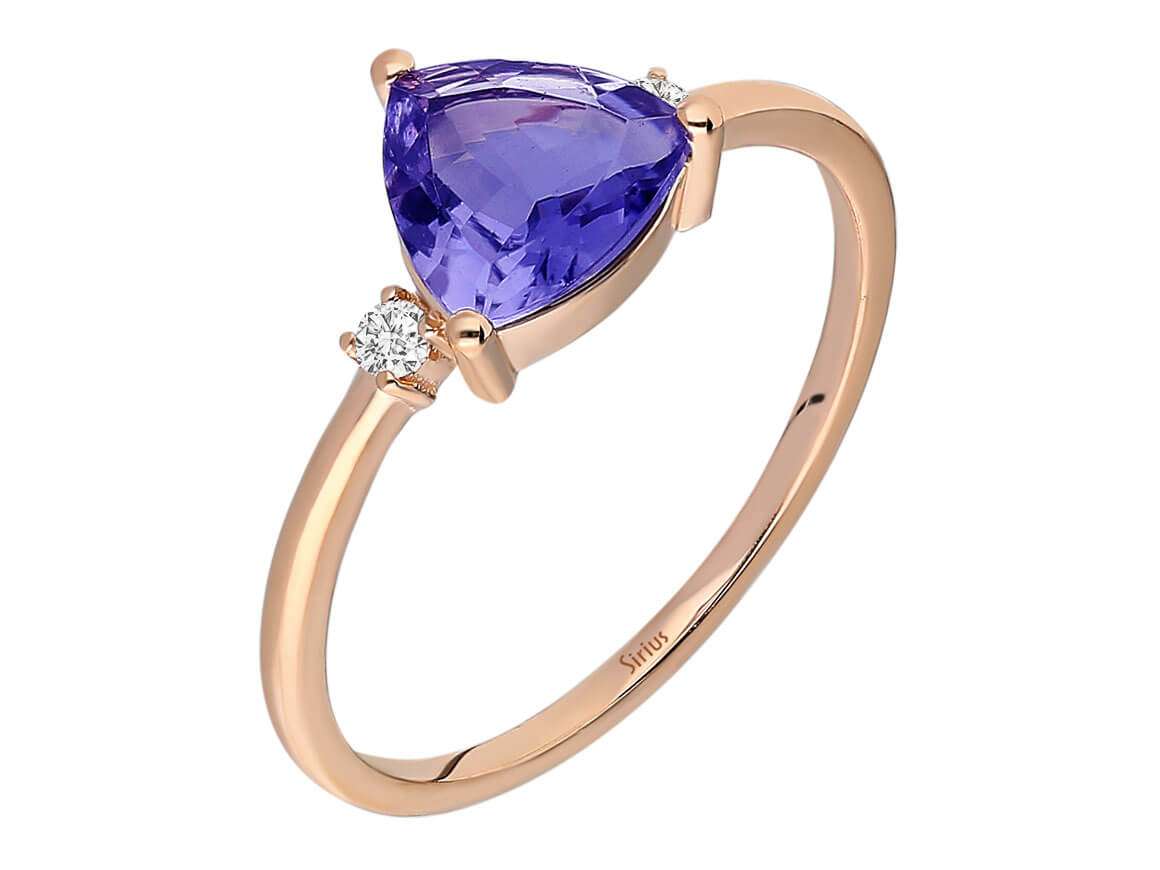 Fine ring with iolite in trillion cut and lab diamonds – 14K rose gold