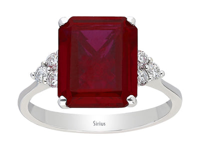 14 Karat Weißgold Ring mit 6 runden Diamanten und 1 oktagonem Rubin – 2,65 Gramm