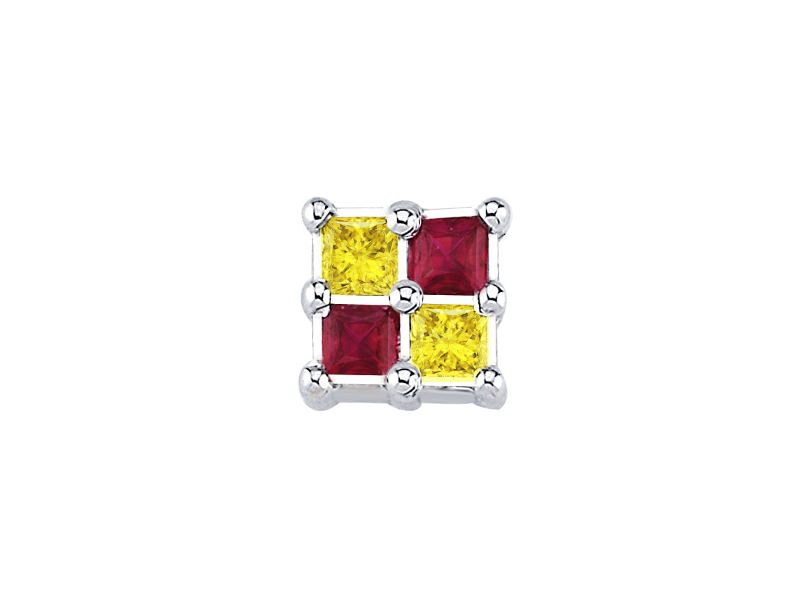 Masculine stud earrings with 2 rubies & 2 labradorite diamonds in 14K white gold – geometric design