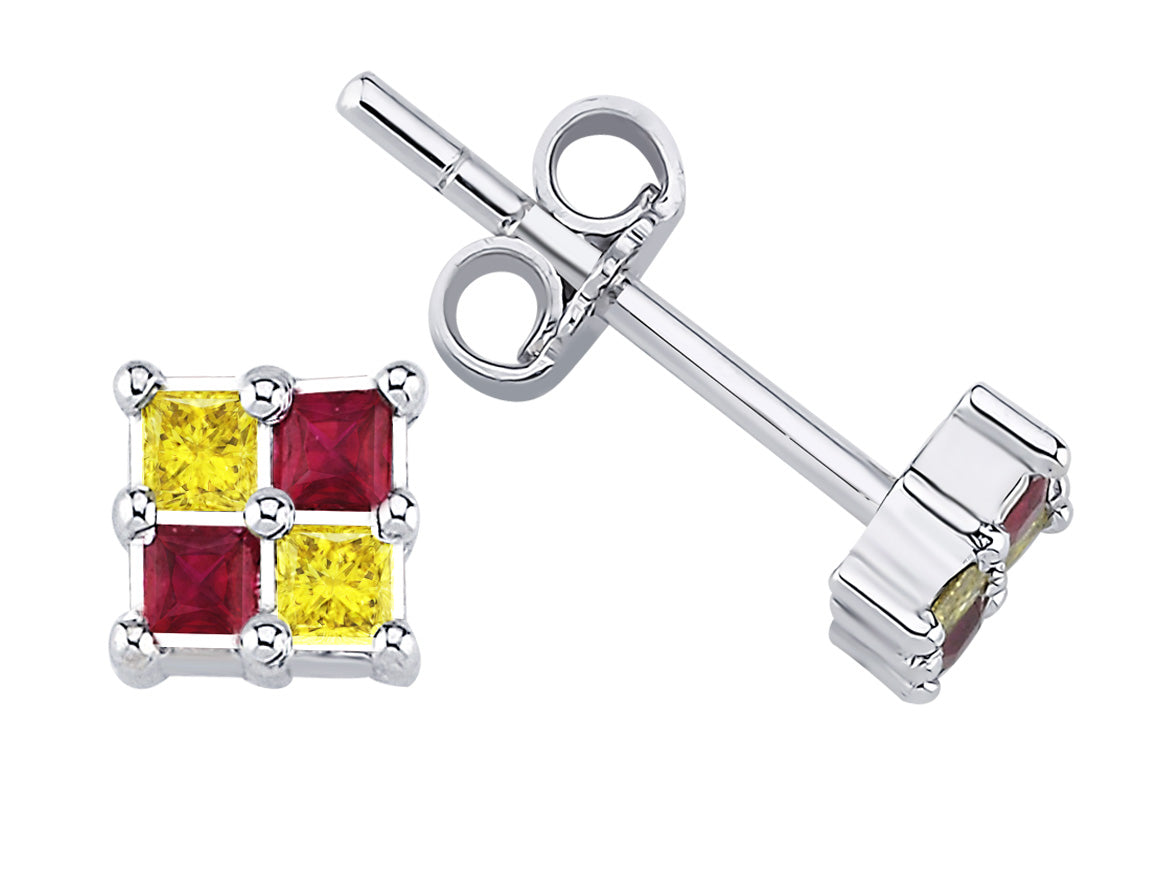Boucles d'Oreilles Clous colorées avec rubis et diamants de laboratoire en Or Blanc 14 carats - taille princesse - Bijoux haut de gamme de Rosy Lab Diamonds