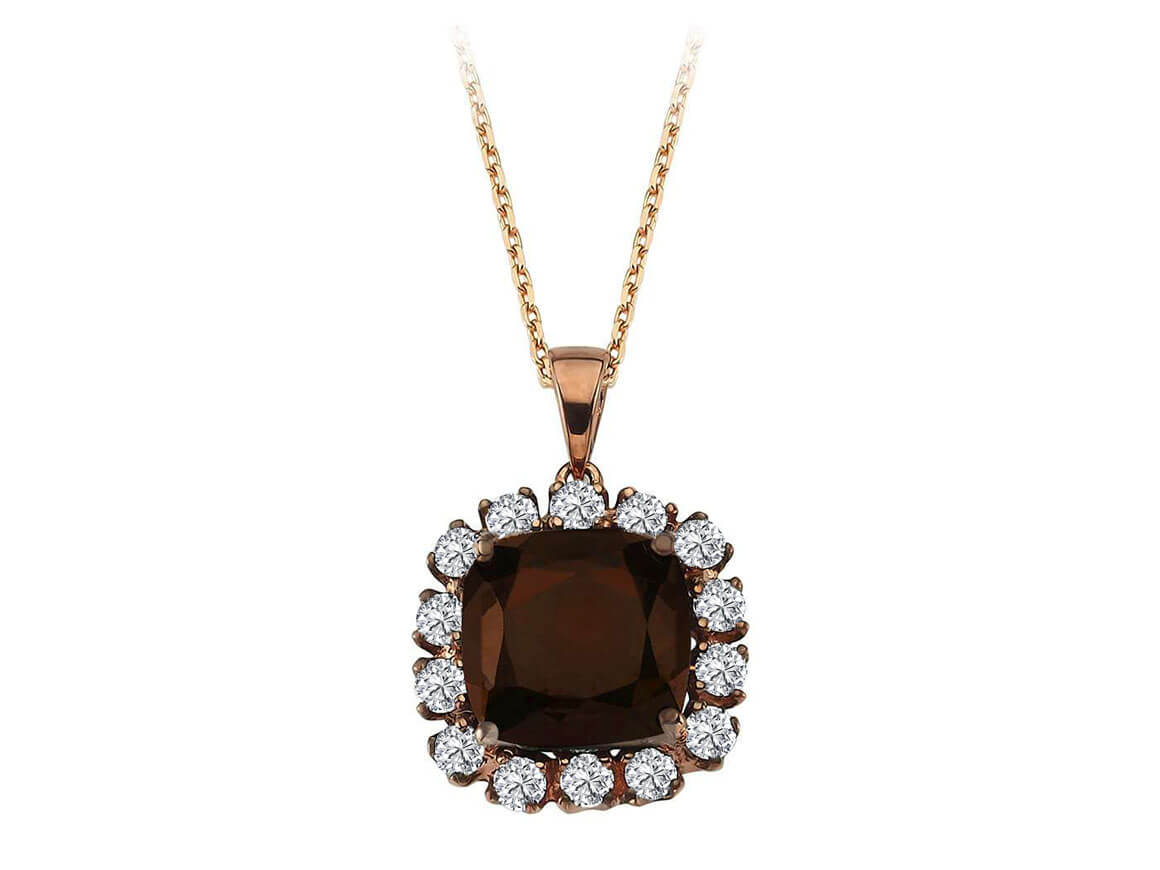 14 Pırlantalı Dumanlı Kuvars Kolye Ucu - 18K Rose Altın - Rosy Lab Diamonds’tan yüksek kaliteli Mücevher