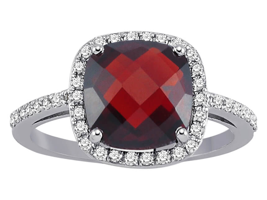 Bague en grenat avec diamants – forme coussin – Or Blanc 14 carats (4,17 ct) – Bijoux haut de gamme de Rosy Lab Diamonds