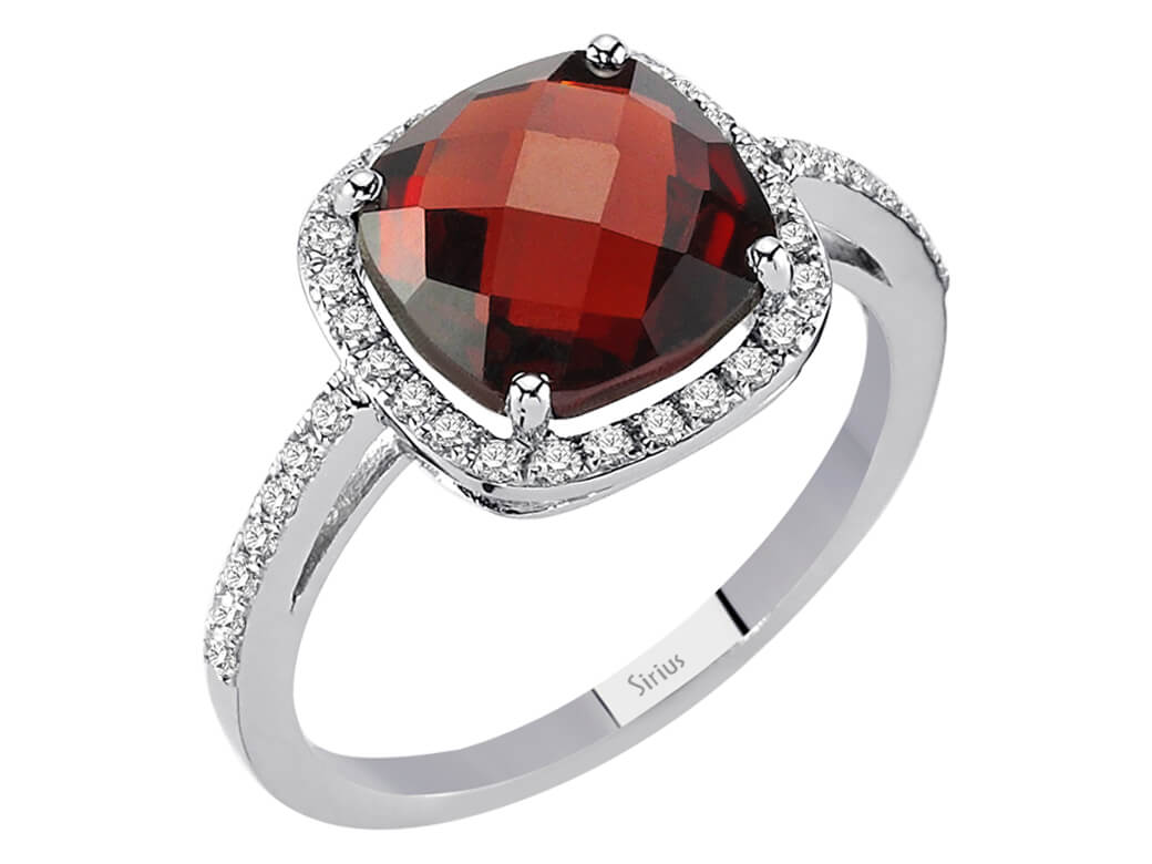 Bague en grenat avec diamants – forme coussin – Or Blanc 14 carats (4,17 ct) – Bijoux haut de gamme de Rosy Lab Diamonds