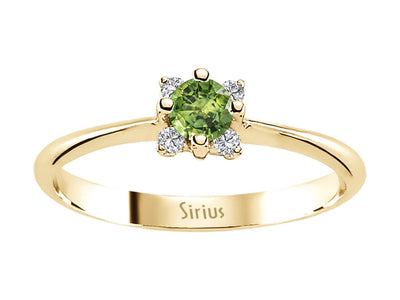 Yellow gold ring with 4 diamonds and 1 round green sapphire
