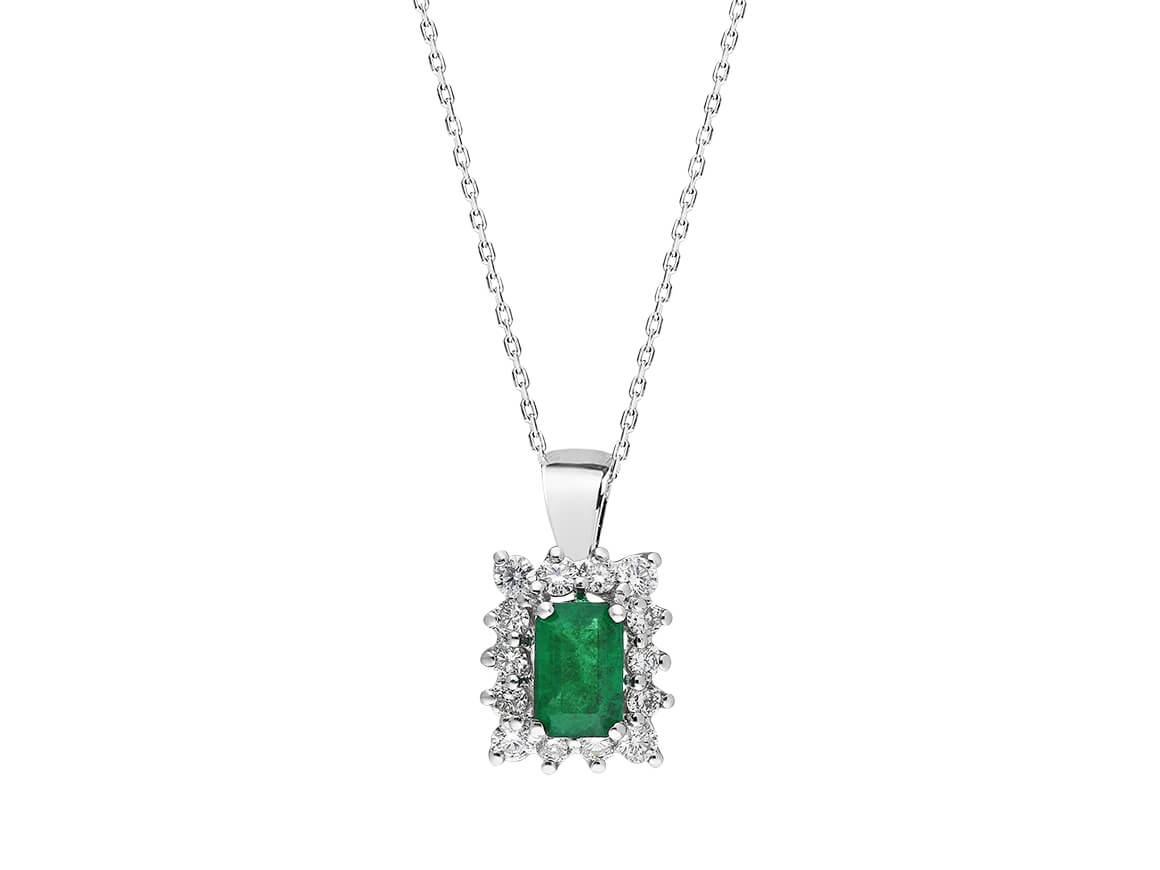 Anturaj necklace with octagonal emerald (1.07 ct) & diamonds – 14K white gold