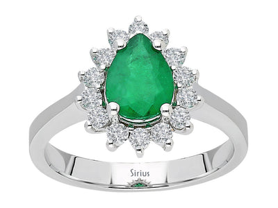 Eleganter Ring mit 14 rund geschliffenen Diamanten und einem tropfenförmigen Saphir in 14 Karat Weißgold