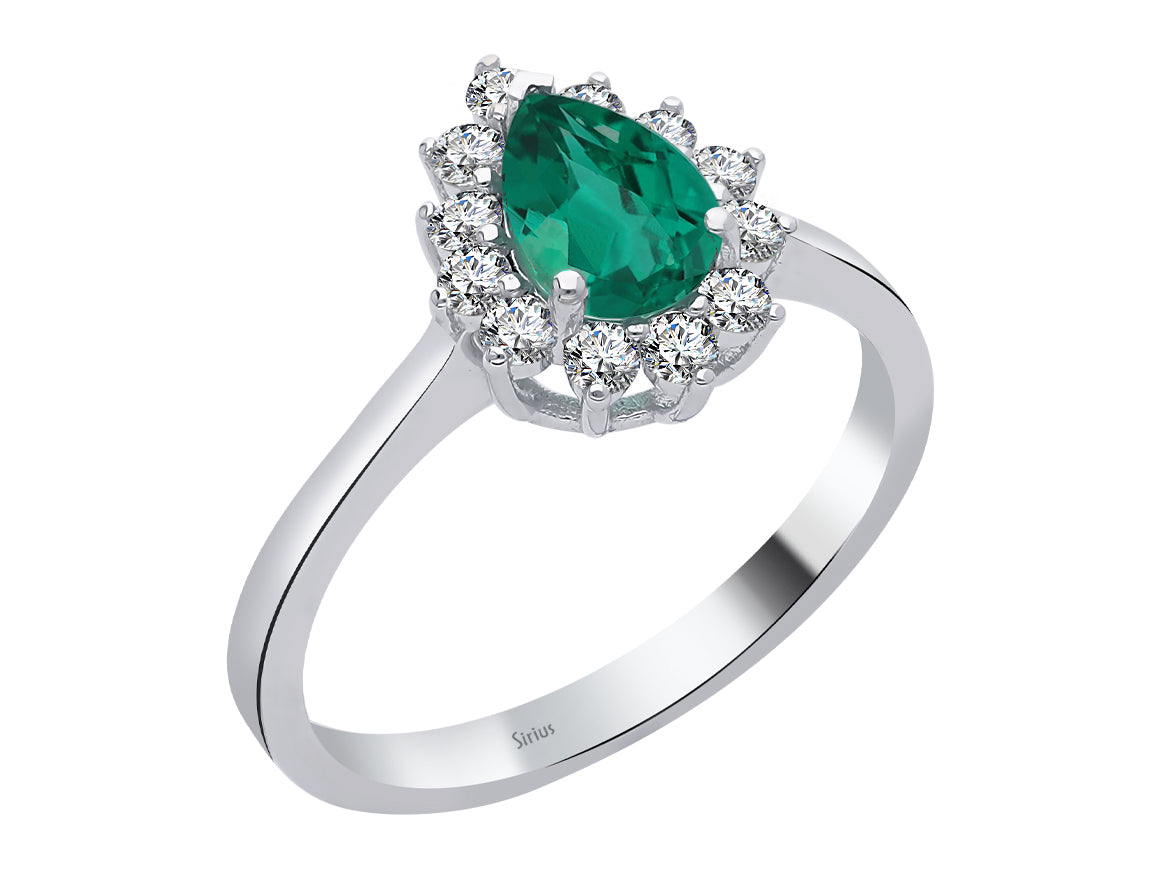 Bague élégante ornée de diamants cultivés en laboratoire et d’une émeraude en forme de goutte – or 14 carats – Bijoux haut de gamme de Rosy Lab Diamonds