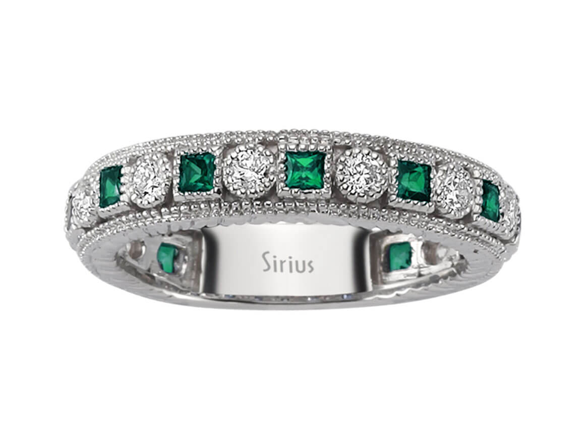 14 Karat white gold ring with 10 round diamonds and 11 round emeralds – Tamtur