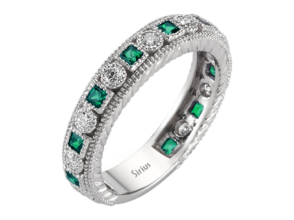 14 Karat white gold ring with 10 round diamonds and 11 round emeralds – Tamtur