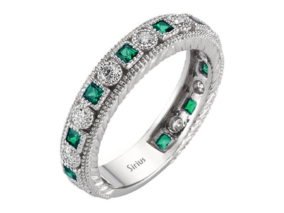14 Karat white gold ring with 10 round diamonds and 11 round emeralds – Tamtur