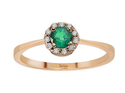 Elegant 14 Karat Rose Gold Ring with Round Emerald and Round Cut Diamonds