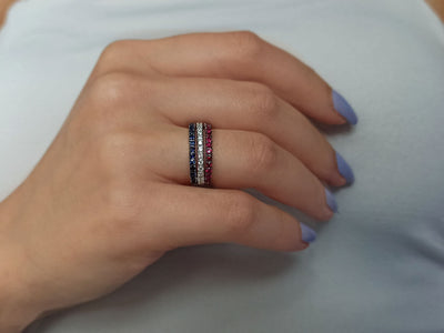 Dreiteiliger Halbkreis-Ring mit Diamanten, Rubinen und Saphiren in 14K Weißgold