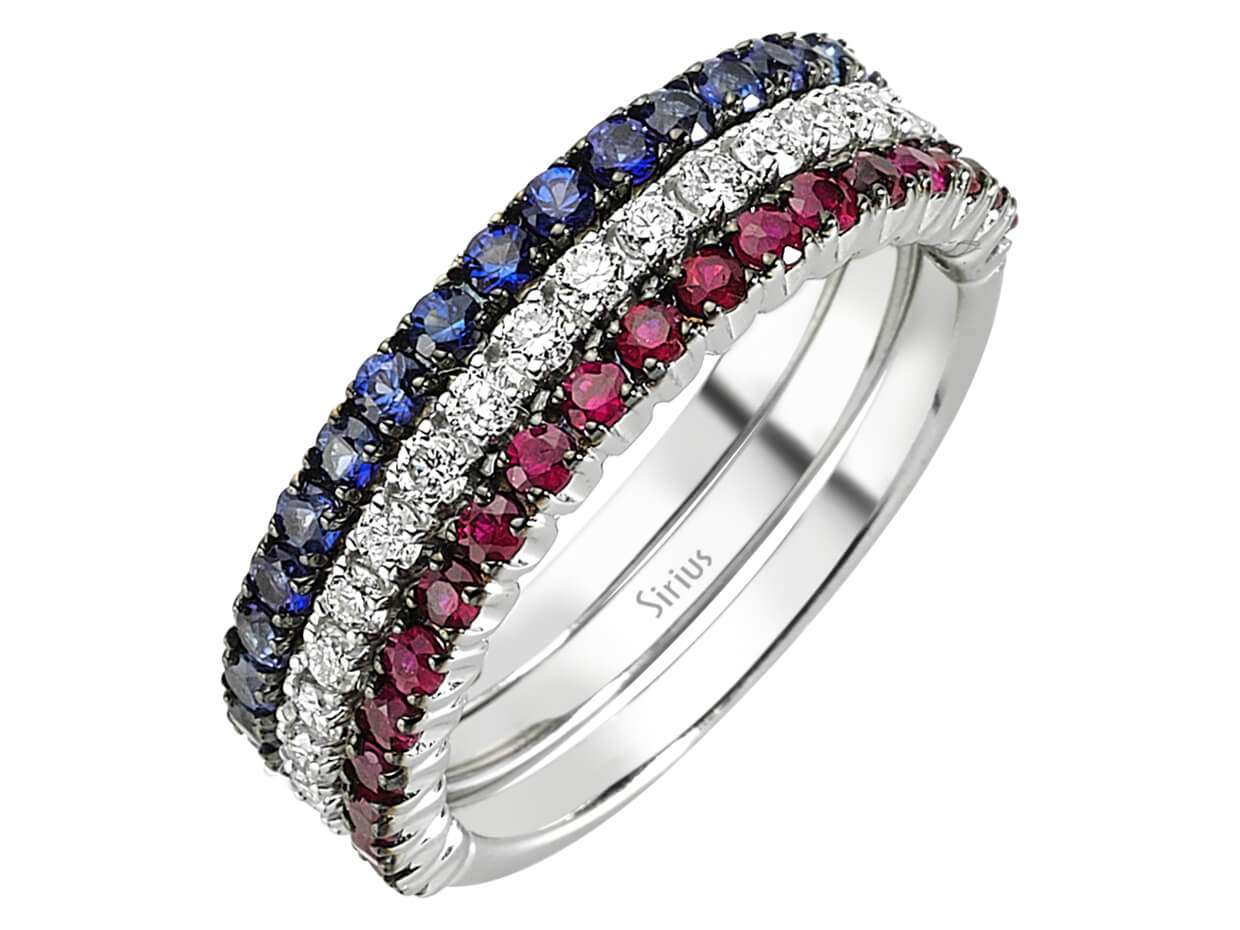 Dreiteiliger Halbkreis-Ring mit Diamanten, Rubinen und Saphiren in 14K Weißgold
