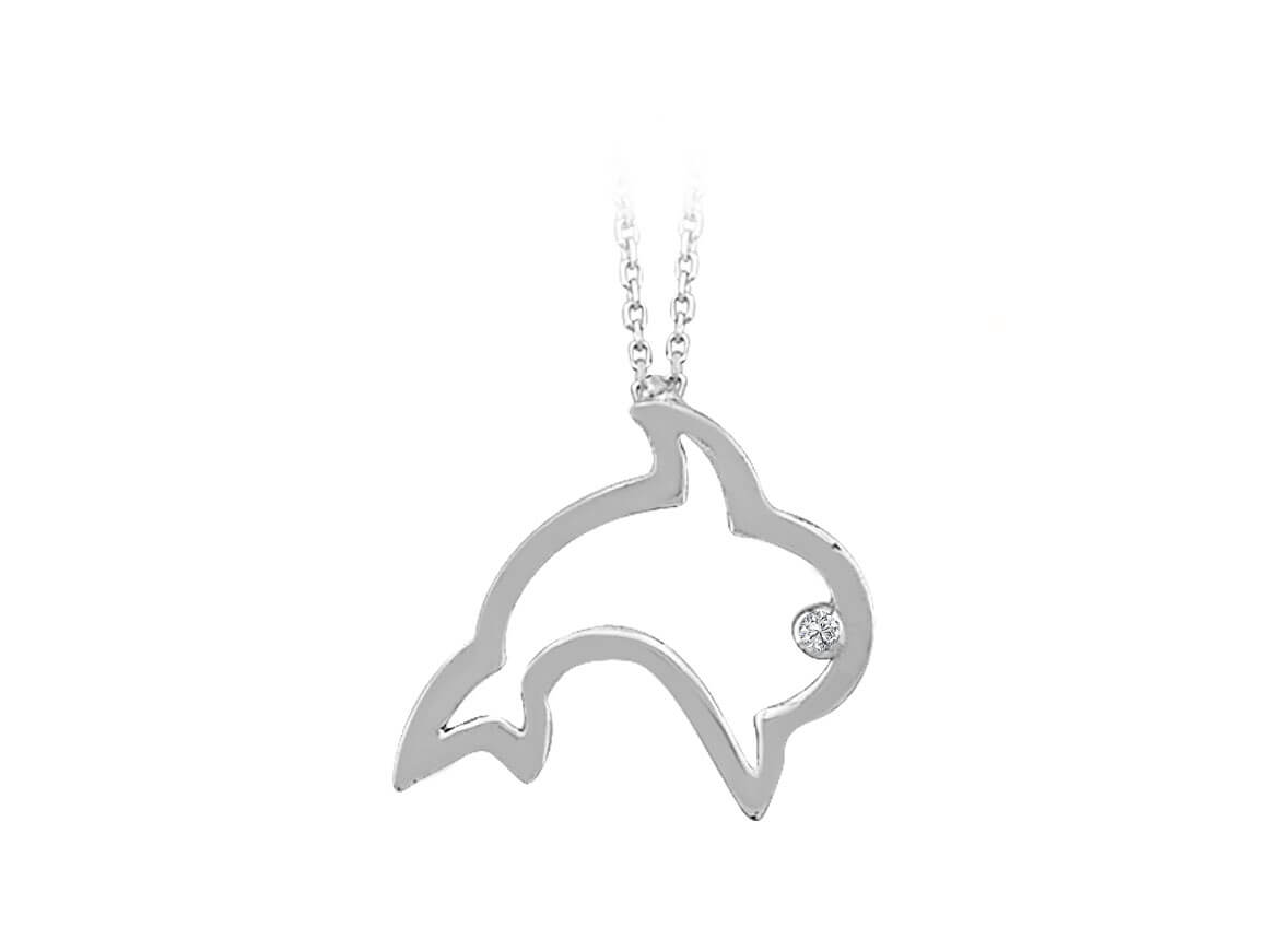 Filigree dolphin chain with a lab diamond in 8K white gold