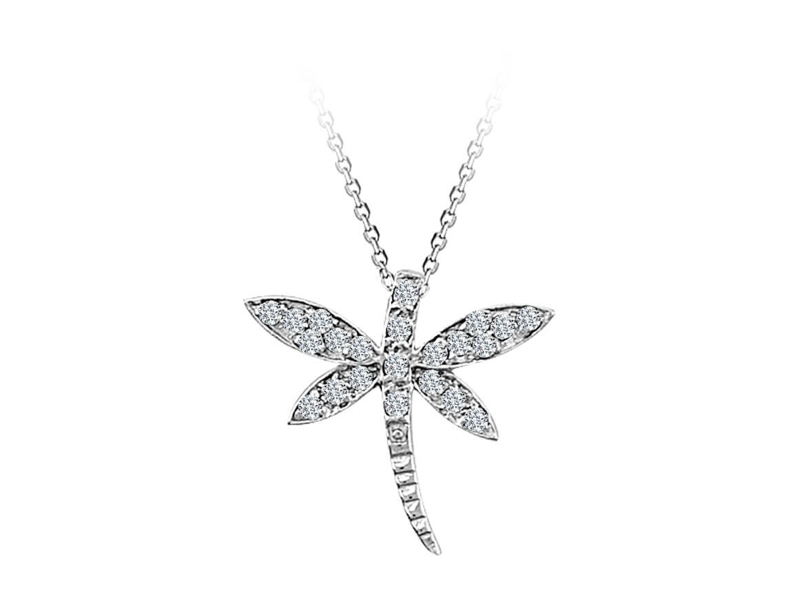 Dragonfly pendant with 22 diamonds made of 8K white gold
