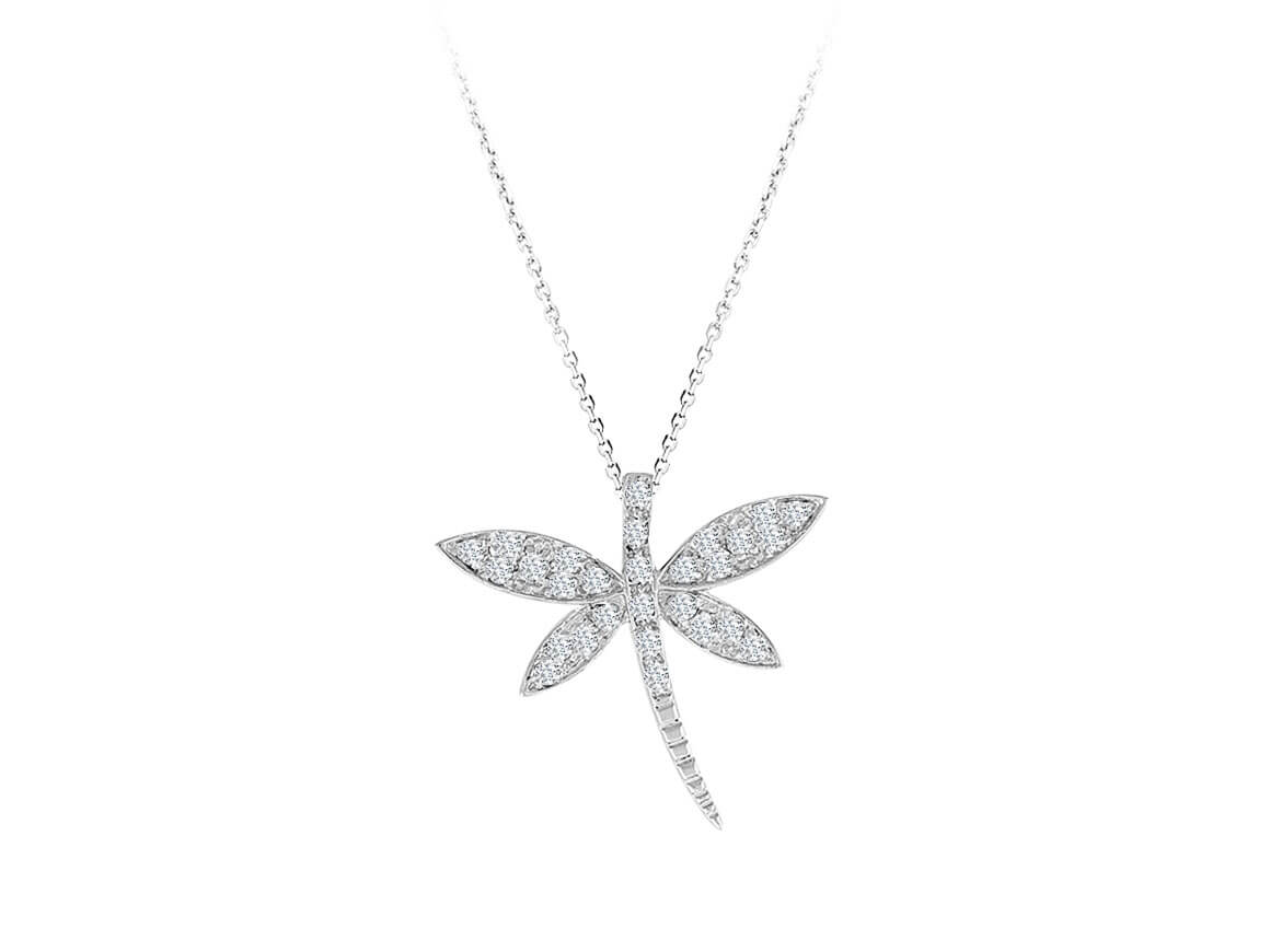 Dragonfly pendant with diamonds | 14K white gold