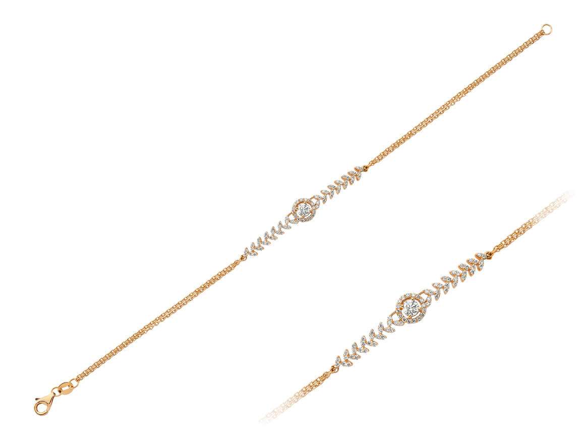 Elegant bracelet with olive branch motif and 57 diamonds in 14K rose gold – 0.61 ct