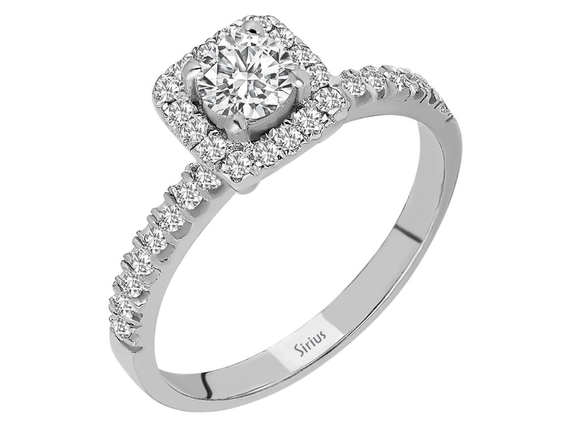 Halo engagement ring with 0.40 ct center stone & 32 lab diamonds – 14K white gold