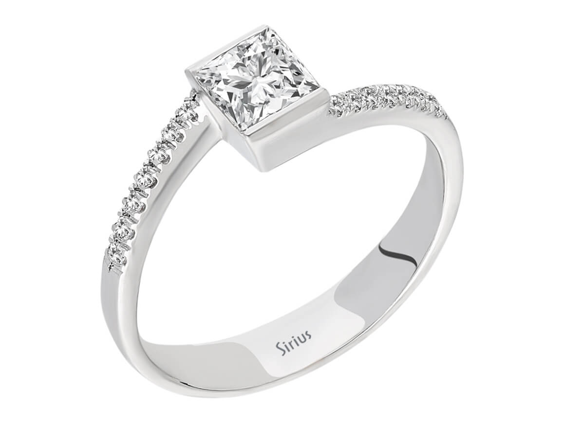 Bague solitaire avec diamant taille princesse de 0,25 ct et 14 diamants de laboratoire - Or Blanc 14 carats - Bijoux haut de gamme de Rosy Lab Diamonds