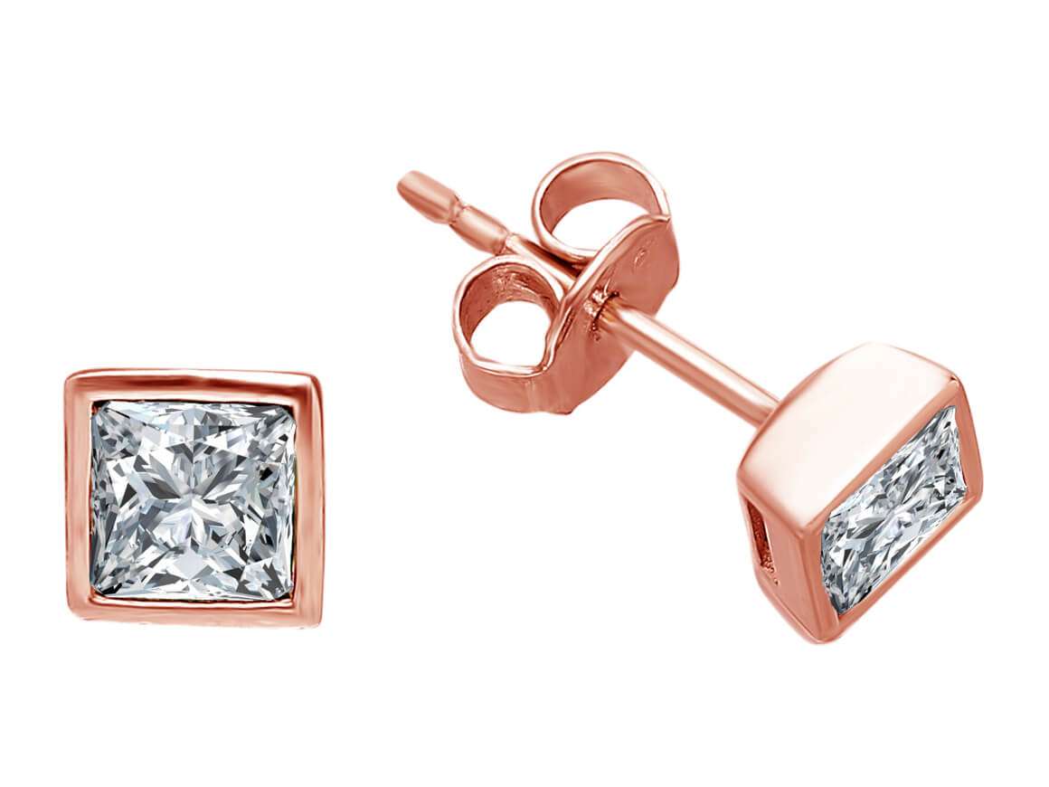 Solitaire stud earrings with lab diamonds in princess cut in 585 rose gold