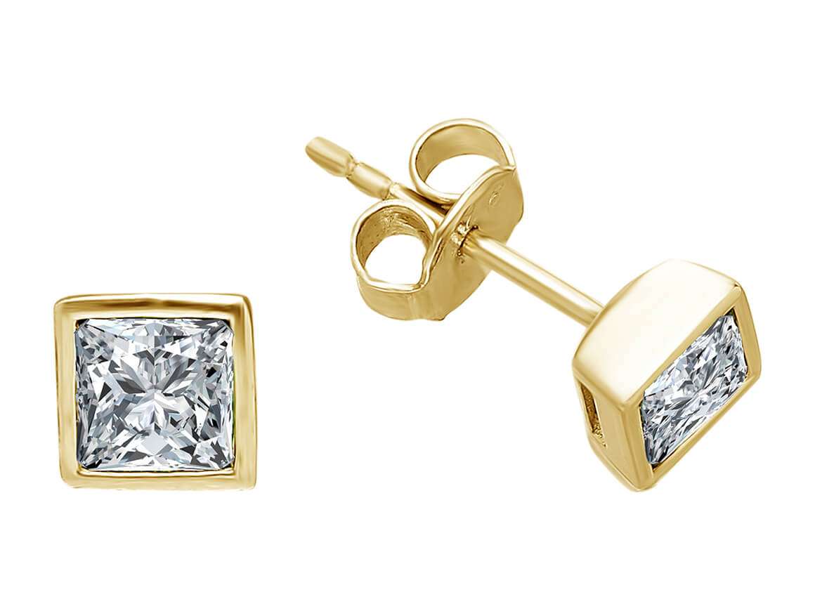 Solitaire stud earrings with lab diamonds in princess cut in 585 yellow gold