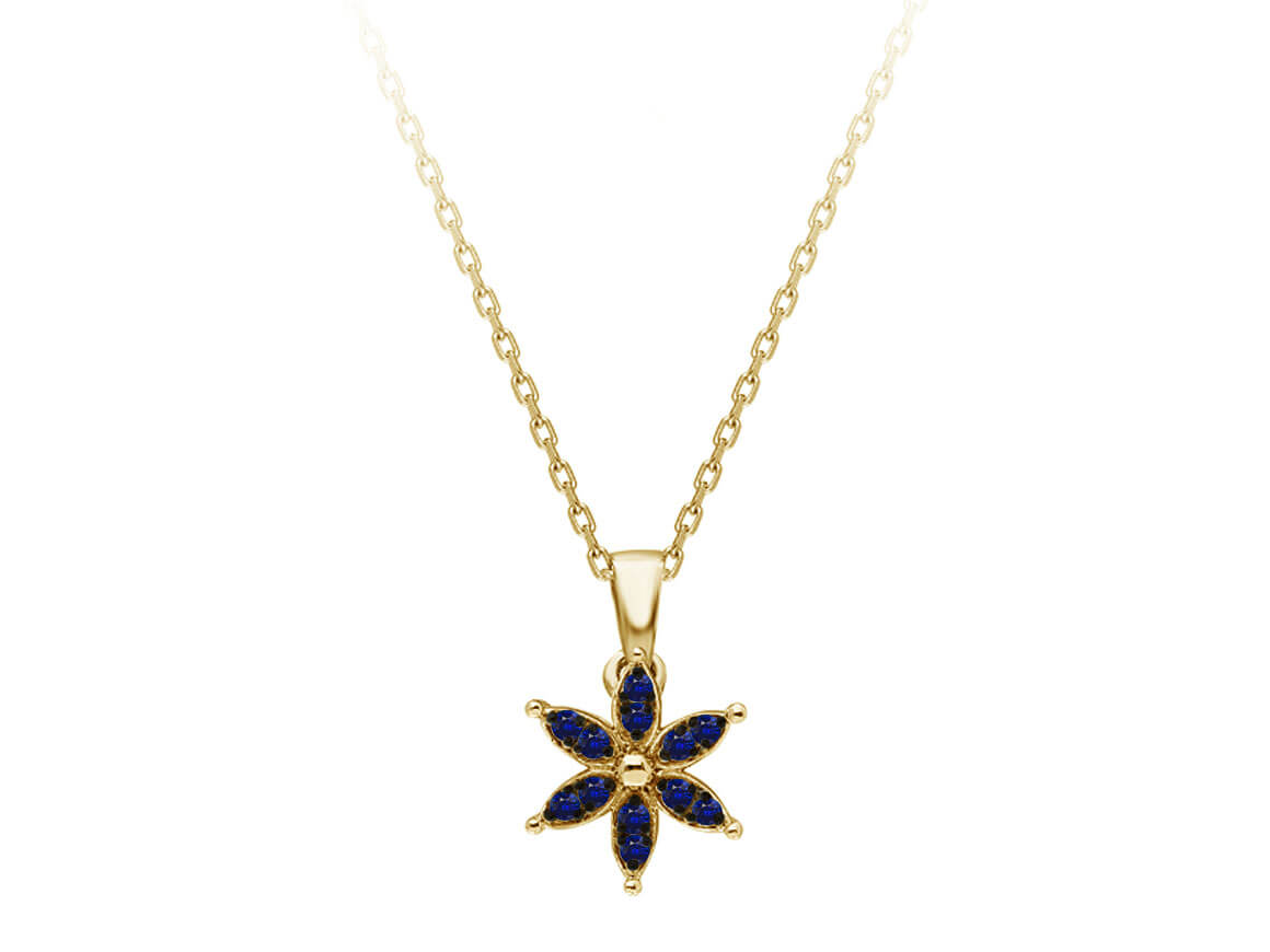 Collier de fleurs de crocus serti de saphirs en or jaune 14 carats