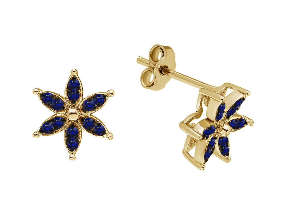 Boucles d'oreilles chrysanthèmes saphir avec 24 pierres précieuses en or jaune 585