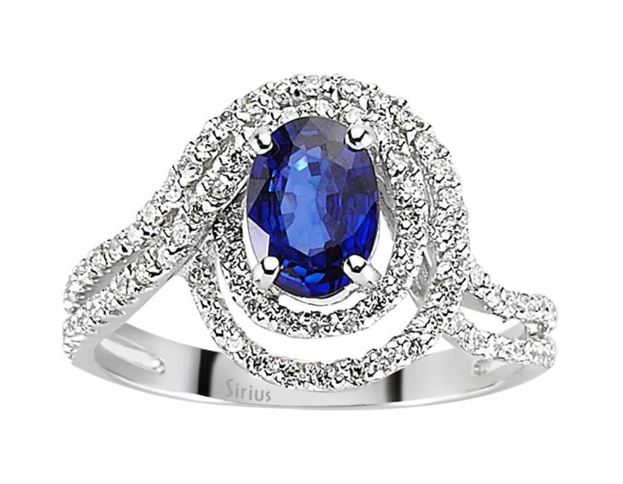 Exquisiter Diamant- und Saphirring mit 82 Rundschliff-Diamanten und 1 Ovalen Saphir in 14 Karat Weißgold